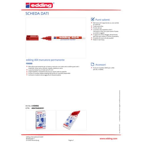 Marcatore permanente edding 404 punta conica 0,75 mm rosso E-404 002
